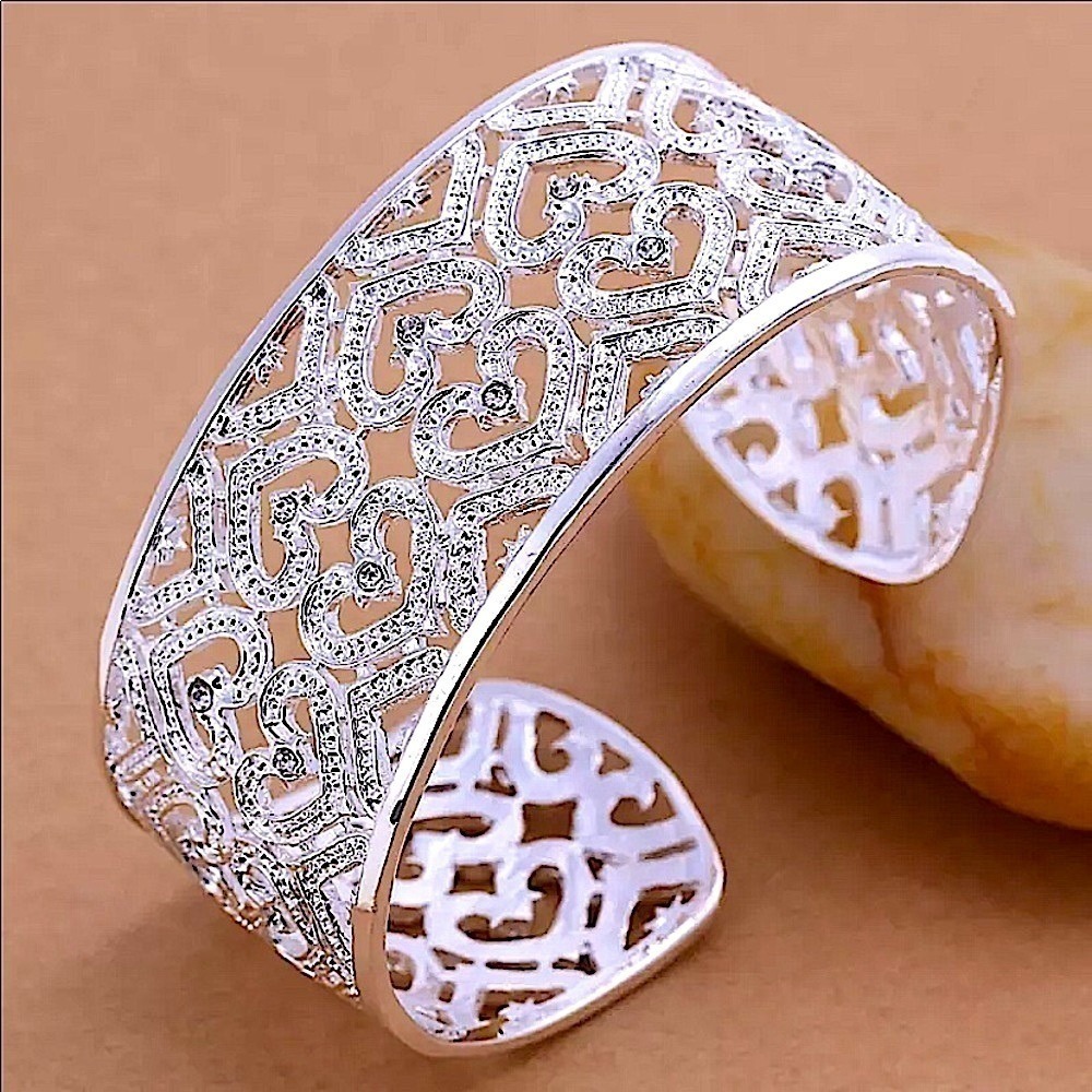 Sterling Silver Heart Zircon Bangle Cuff Bracelet Hollow Out